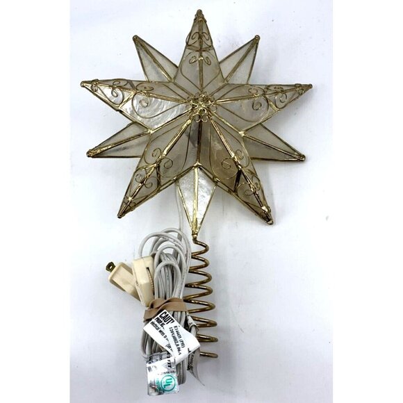 Capiz Shell Star Christmas Tree Topper Light Up Plug In Gold Swirl Trim 8 x 8" - Picture 1 of 9
